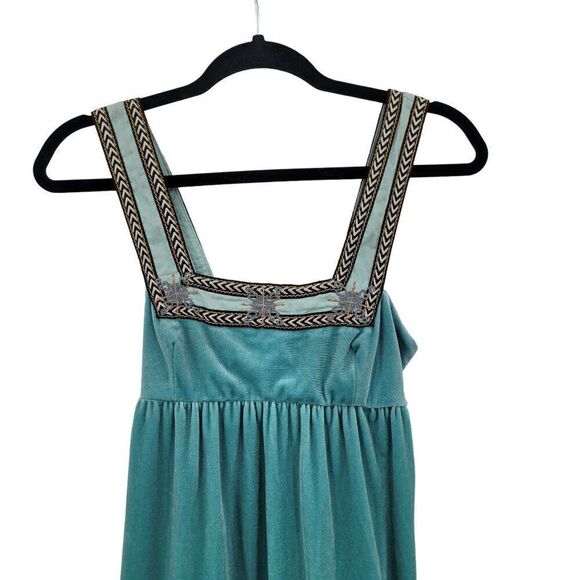 Free People Baby Doll Dress XS Teal Blue Velour Mini Smocked Ribbon Trim Boho - Picture 9 of 10